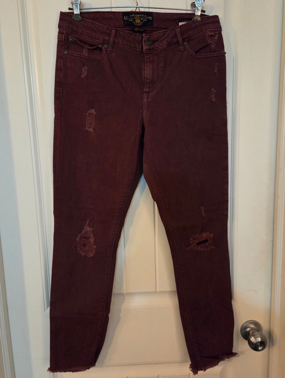 Lucky Brand Bergundy Lolita Skinny Jeans | Distressed Raw Hem | Size 12/31